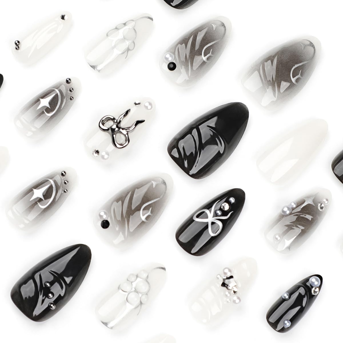 24Pcs Black Press on Nails Medium Almond Fake Nails 3D Silver Bow Pearl Star Glitter Design Full Cover Stick on Nails Artificial Nails Gothic False Nails Y2k Glue on Nails for Women Acrylic Nails