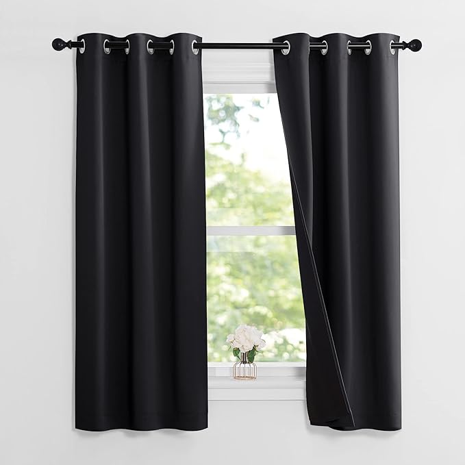 NICETOWN Complete 100% Blackout Curtain Set, Black, 37" W by 60" L, Double Panels, Thermal Insulated & Energy Efficiency Window Draperies with Black Liner, Noise Reducing Short Curtains for Kids Room