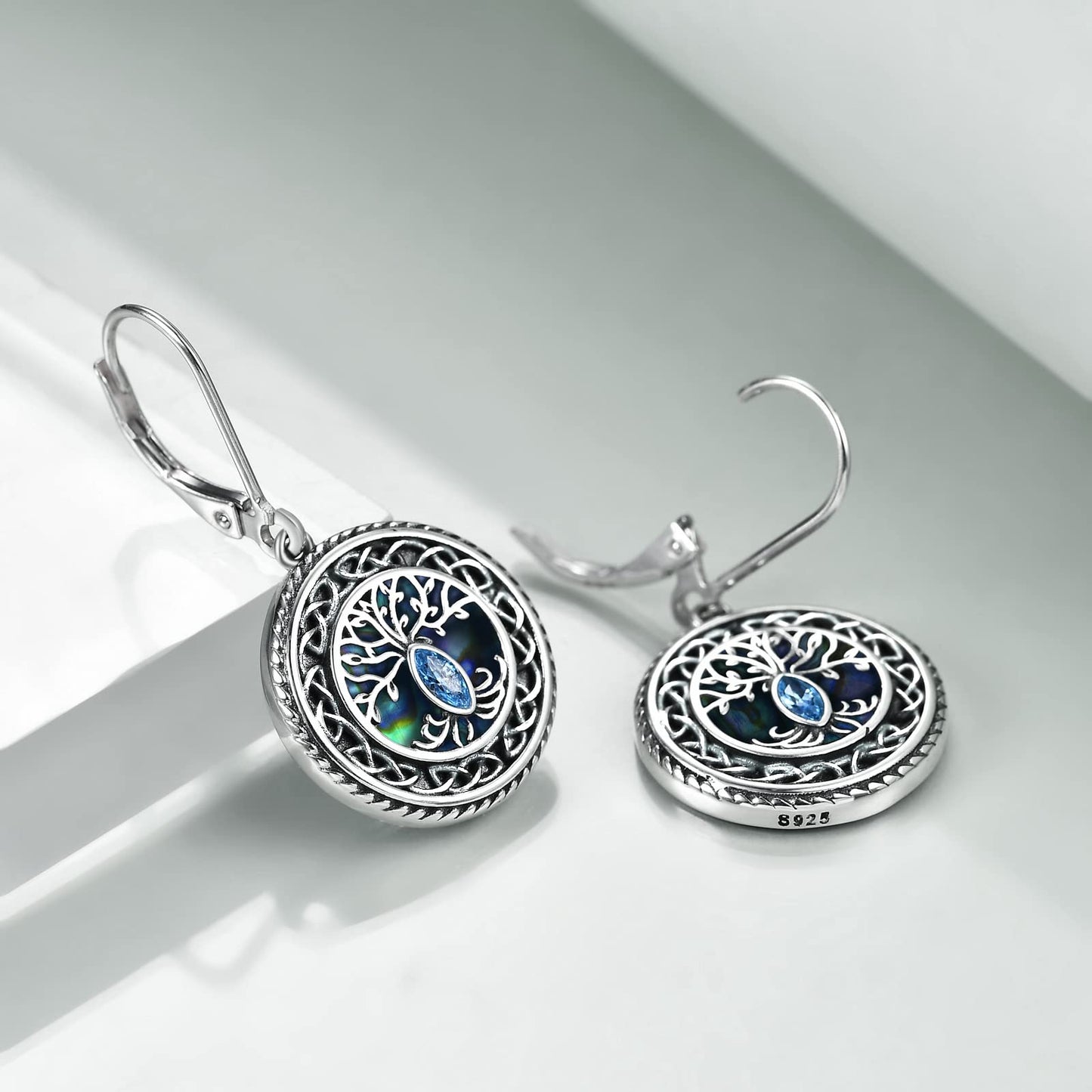 POPLYKE Tree of Life Earrings 925 Sterling Silver Leverback Earrings for Women Celtic Abalone Earrings Dangle