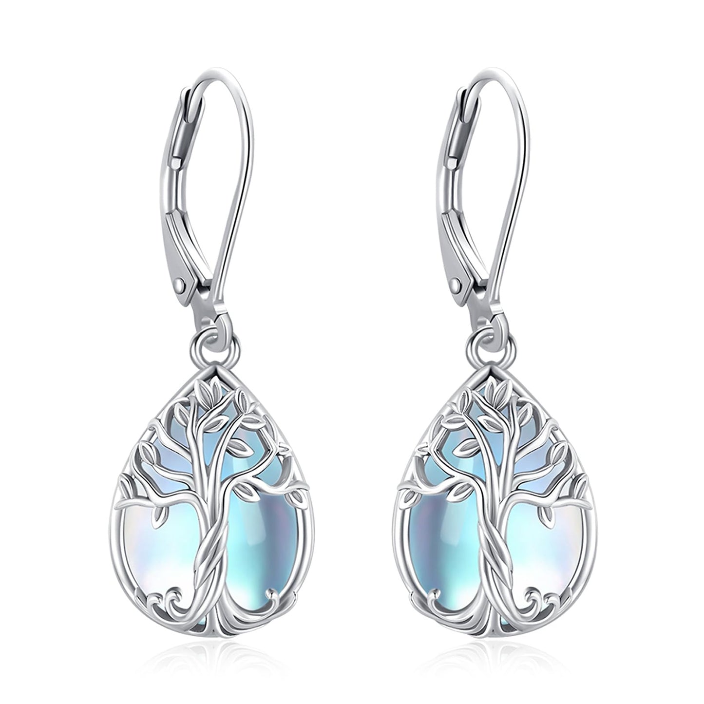 Eusense Tree of Life Earrings Sterling Silver Moonstone Earrings Teardrop Leverback Dangle Sterling Silver Jewelry for Women Elegant Nature Inspired Moonstone Jewelry