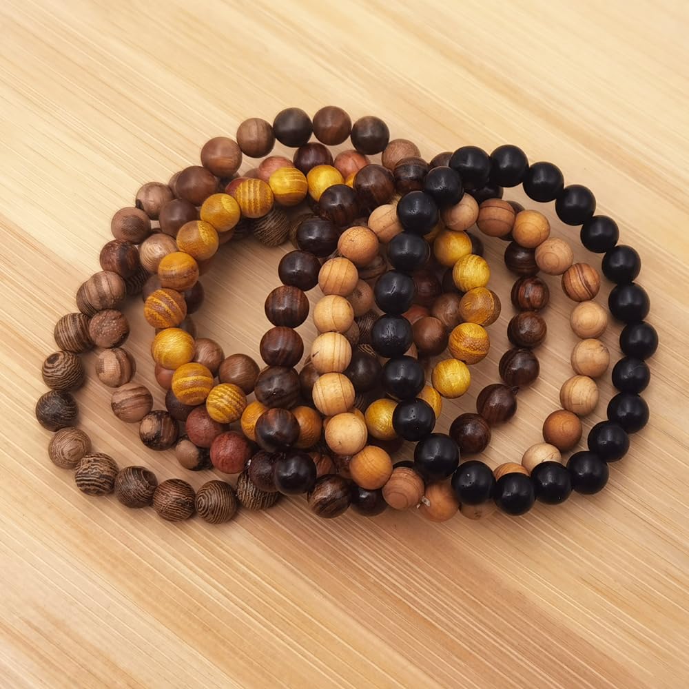 INSPIRELLE 8 Pieces Natural Wood Elastic Beaded Bracelet for Men and Women