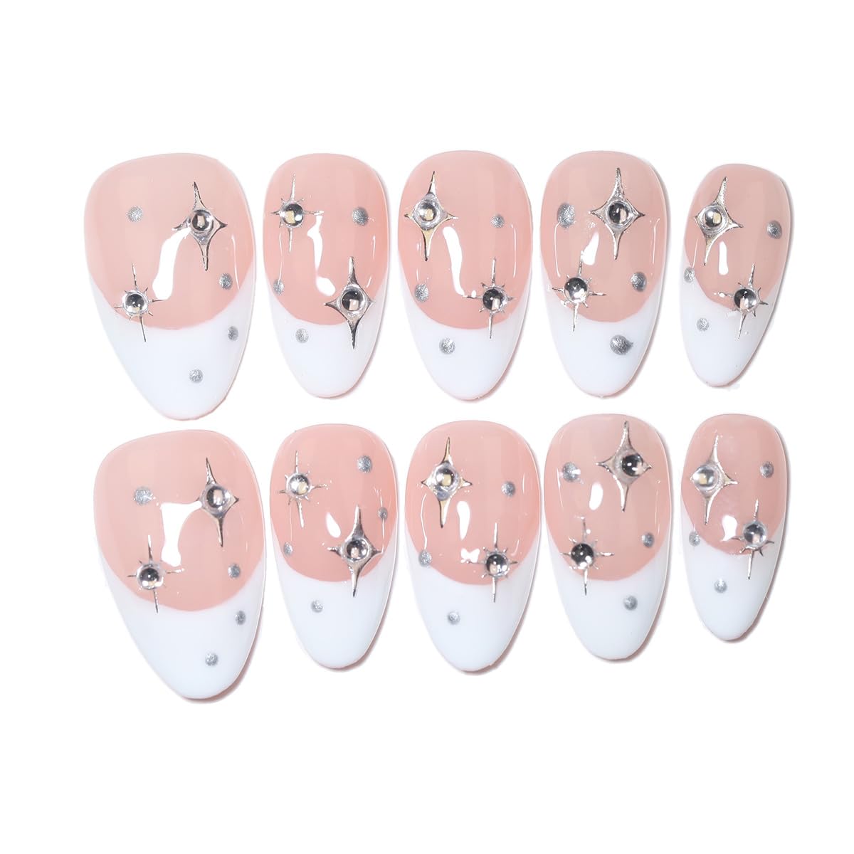 10 Pcs Short Almond Handmade Press On Nails | French Tip with Silver Starburst & Rhinestone Accents | Reusable, Easy to Apply & Remove, Salon-Quality Manicure (RR10, M)