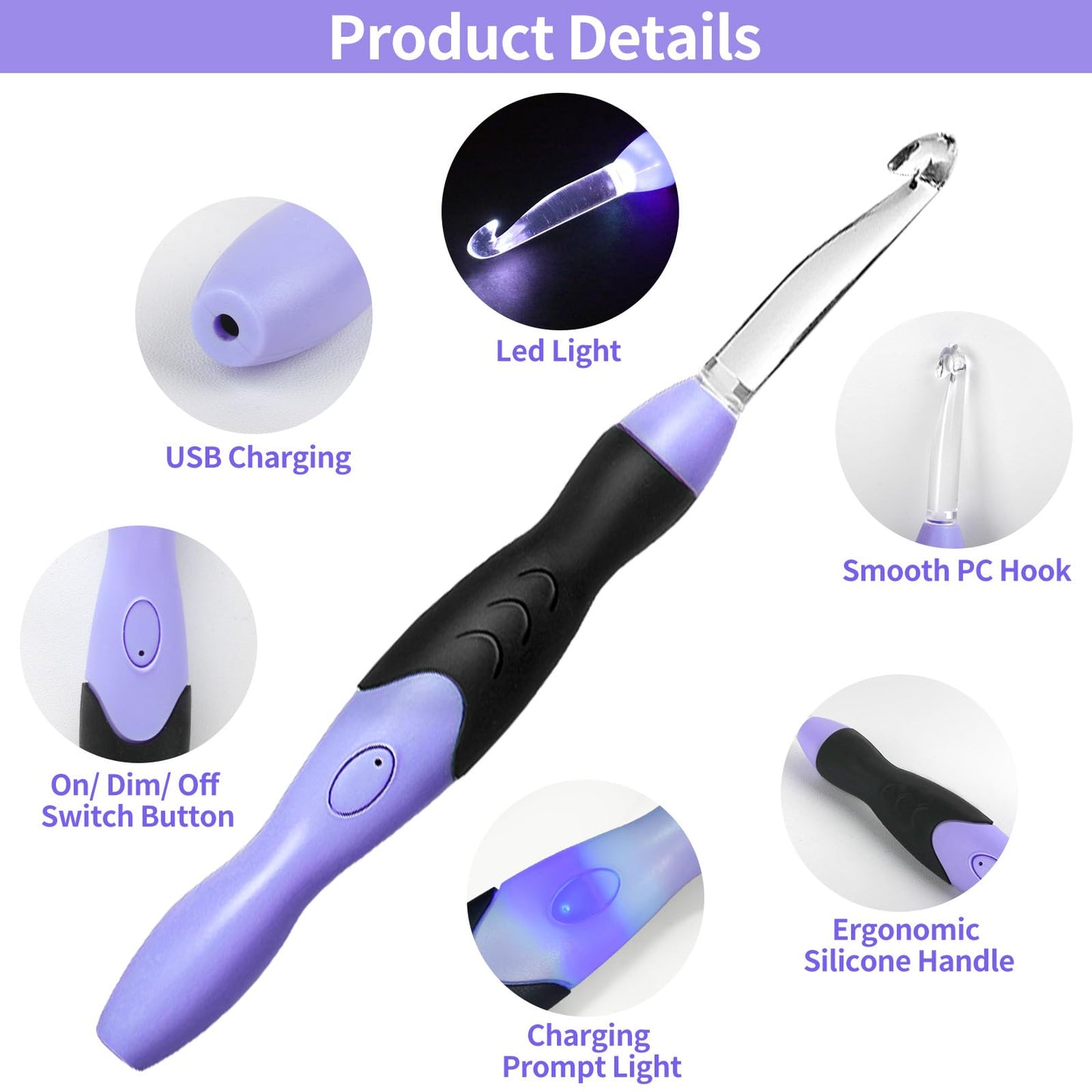 Light Up Crochet Hook Sets, 11 Sizes Interchangeable Lighted Crochet Hook Set, LED Rechargeable Crochet Hooks for Dark Yarn, Ergonomic Grip Crochet Kit for Beginners Crochet Needles Kit with Case