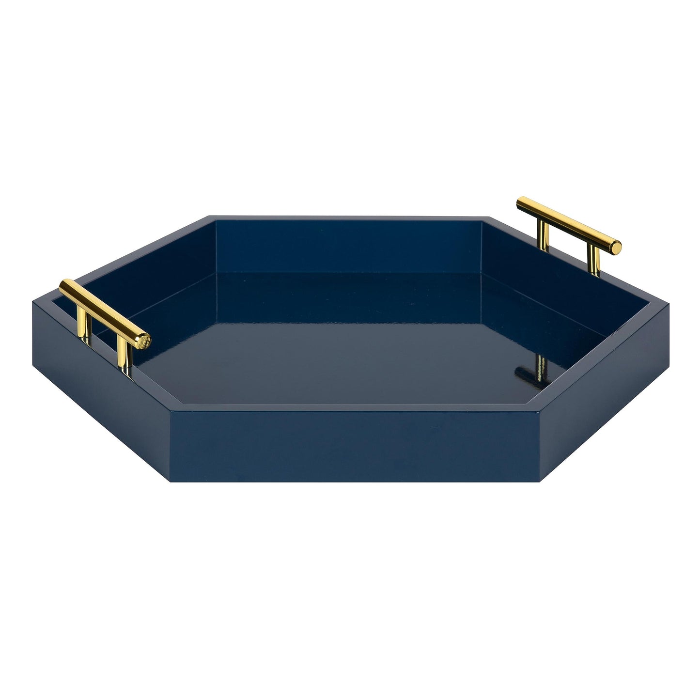 Kate and Laurel Lipton Hexagon Decorative Tray with Polished Metal Handles, Navy Blue and Gold