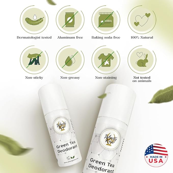 WhollyKaw Aluminum free natural deodorant. Dermatologist tested, baking soda free, oil free, non staining, non sticky. Clean and fresh scent providing protection up to 12 to 18 hours. Made in USA.