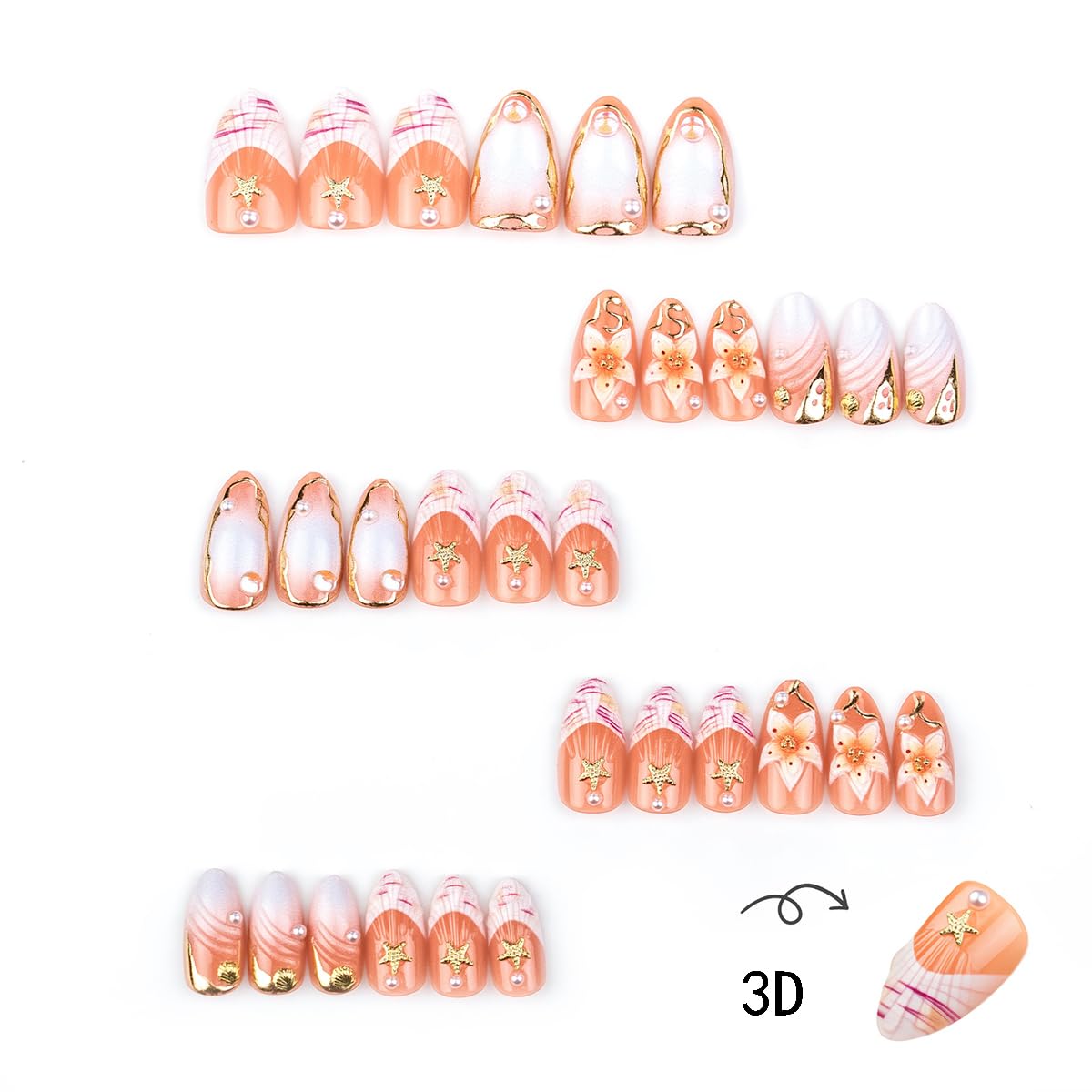 30Pcs Almond Press on Nails Medium Summer Fake Nails with 3D Gold Lines Starfish Shell Rhinestones Design Handmade False Nails Tropical Flower Glue on Nails Cute French Tip Acrylic Nails for Women