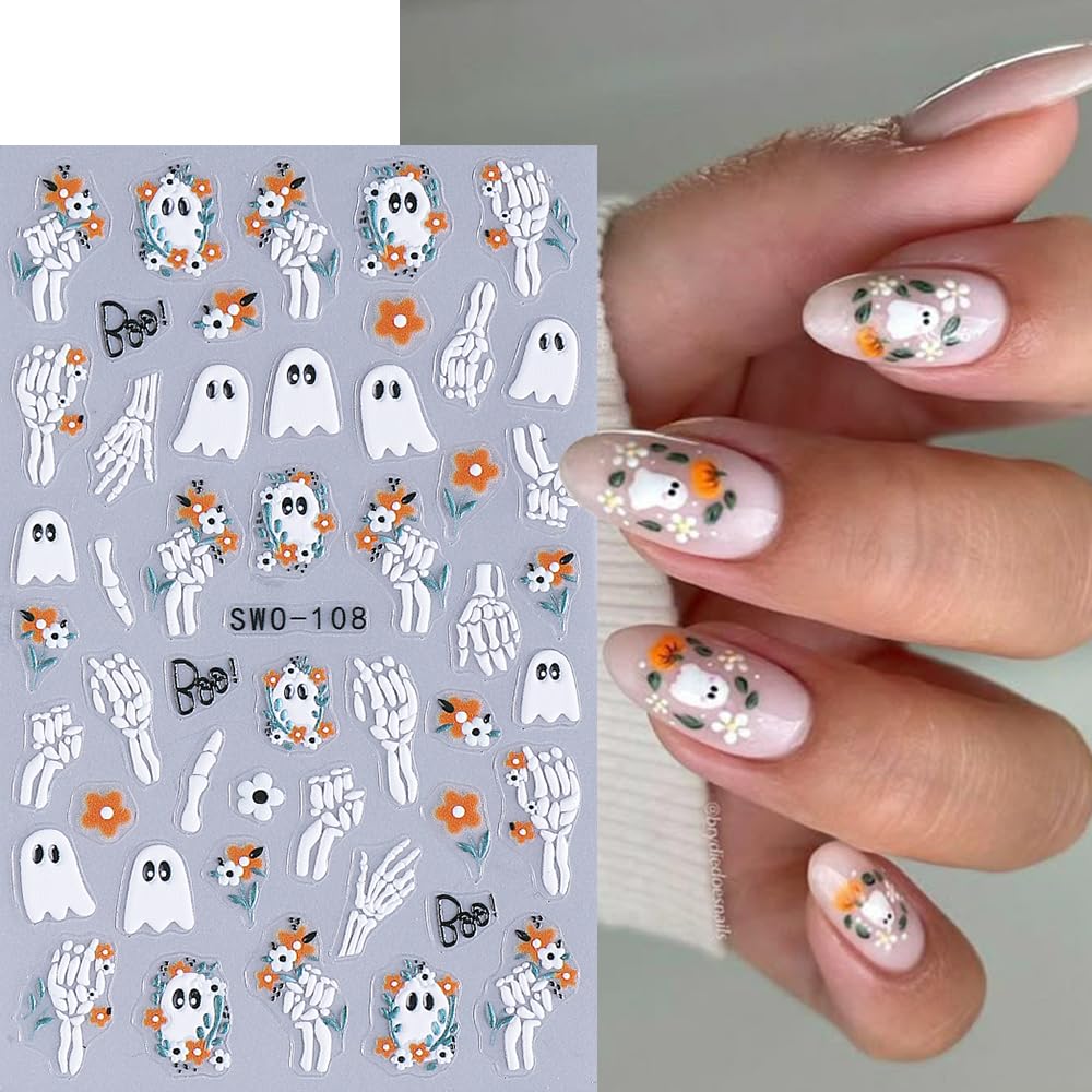 4 Sheets Halloween Nail Stickers for Nail Art Scary Black Cat Mummy Spider Web Nail Art Stickers 5D Spider Pumpkin Nail Decals Self-Adhesive Ghost Skeleton Nail Supplies for Women Nails Decoration