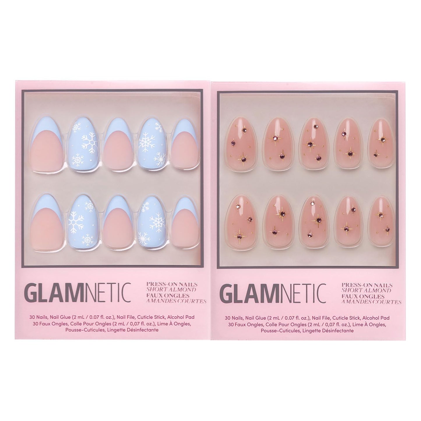 Glamnetic Press-On Nails Bundle - Snow Bunny & Pink Comet | Pale Blue Short Almond Fake Nails with French Tips & 3D Snowflake Designs | Pale Pink Short Almond Fake Nails with 3D Gems | Durable, Salon-