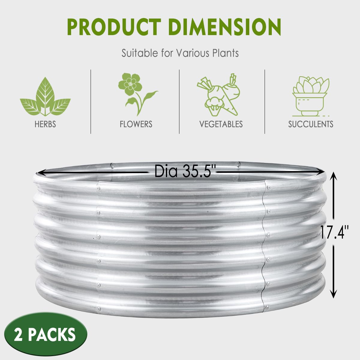 2Pcs 3X3X1.5 Ft Round Galvanized Raised Garden Bed Kit, Silver Outdoor Planter Garden Bed, Metal Raised Box for Fruits, Vegetables and Herb, Fire Pit Rings