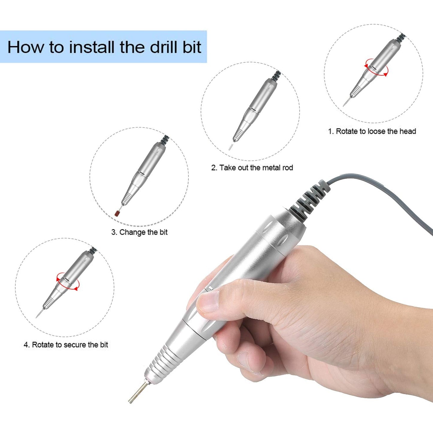 Sunydog Professional Electric Nail Art Drill Pen Handle File Polish Grind Machine Handpiece Manicure Pedicure Tool Nail Art Accessories Sliver