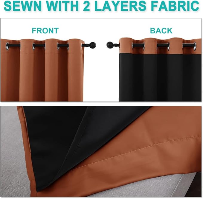 NICETOWN Burnt Orange 100% Blackout Lined Curtains, 2 Thick Layers Completely Blackout Window Treatment Thermal Insulated Drapes for Kitchen/Bedroom (1 Pair, 70" Width x 63" Length Each Panel)