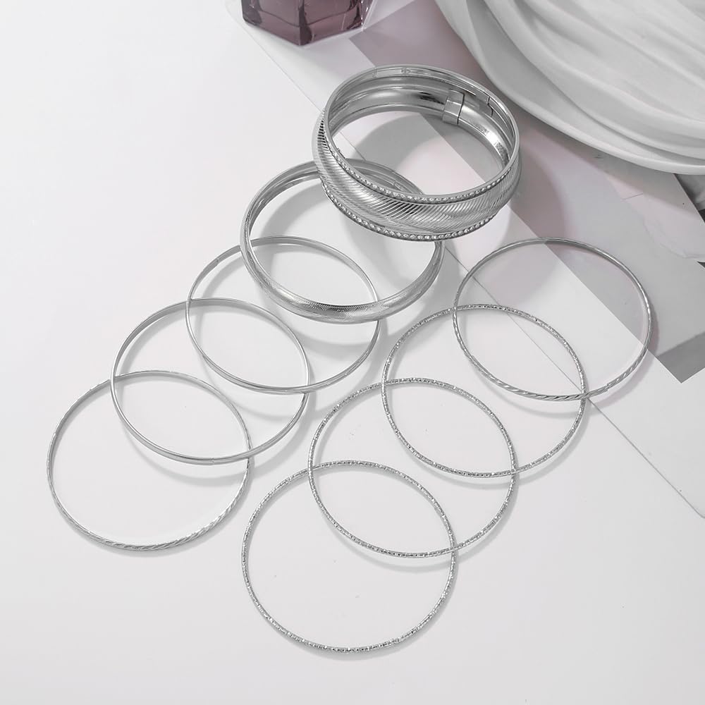 RINTOLER 10Pcs Silver Bangle Bracelets Set for Women - Multi Layer Stackable Textured Chunky Silver Bracelets Boho Jewelrys for Women. (H set 9pc Silver)