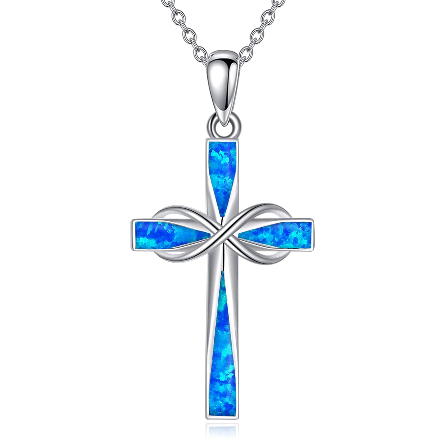 ONEFINITY Infinity Cross Necklace 925 Sterling Silver Blue Opal Pendant Necklace Cross Jewelry Gifts For Women Men