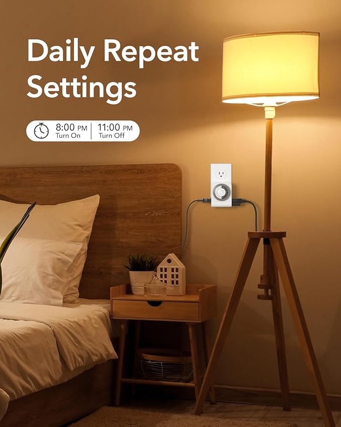 BN-LINK Timer Outlet with 2 Grounded Outlets, Mechanical Light Timers for Electrical Outlets Indoor, 24-Hour 3-Prong Timer Outlet for Lamp, Indoor Lighting and Christmas Lights, 15A/1875W, 2 Pack