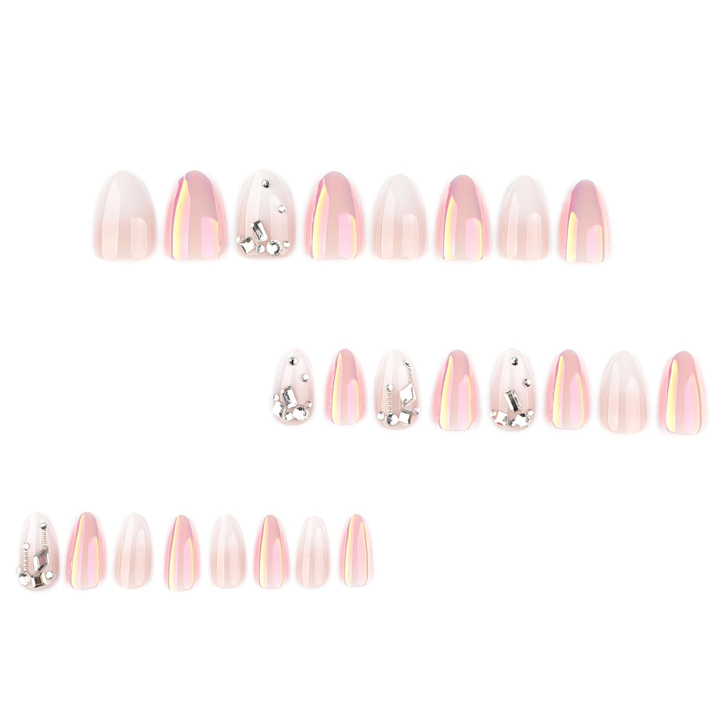 RUOKEXIN Almond Press on Nails Short Fake Nails White Ombre False Nails with Rhinestones Designs Plating Nail Press ons Sparkly Artificial Nails for Women 24Pcs
