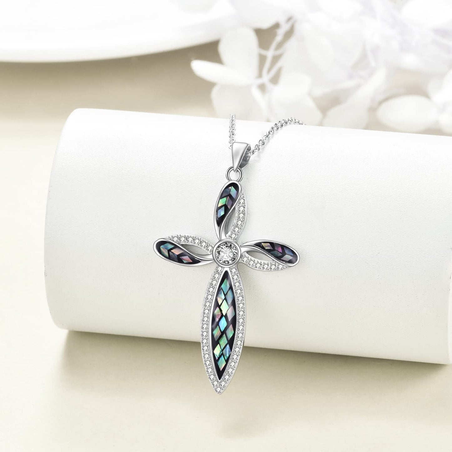 ONEFINITY Religious Cross Pendant Necklace 925 Sterling Silver Abalone Shell Cross Pendant Gifts for Women Jewellery