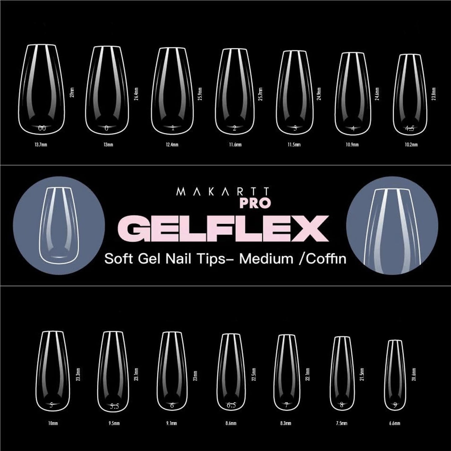 MakarttPro GelFlex Soft Gel Nail Tips 500pc Box – Medium Coffin Shape – 14 Sizes 00–9 – Clear Soft Gel Tips for Nail Extension – Easy to Apply, Lightweight, Professional Salon Quality
