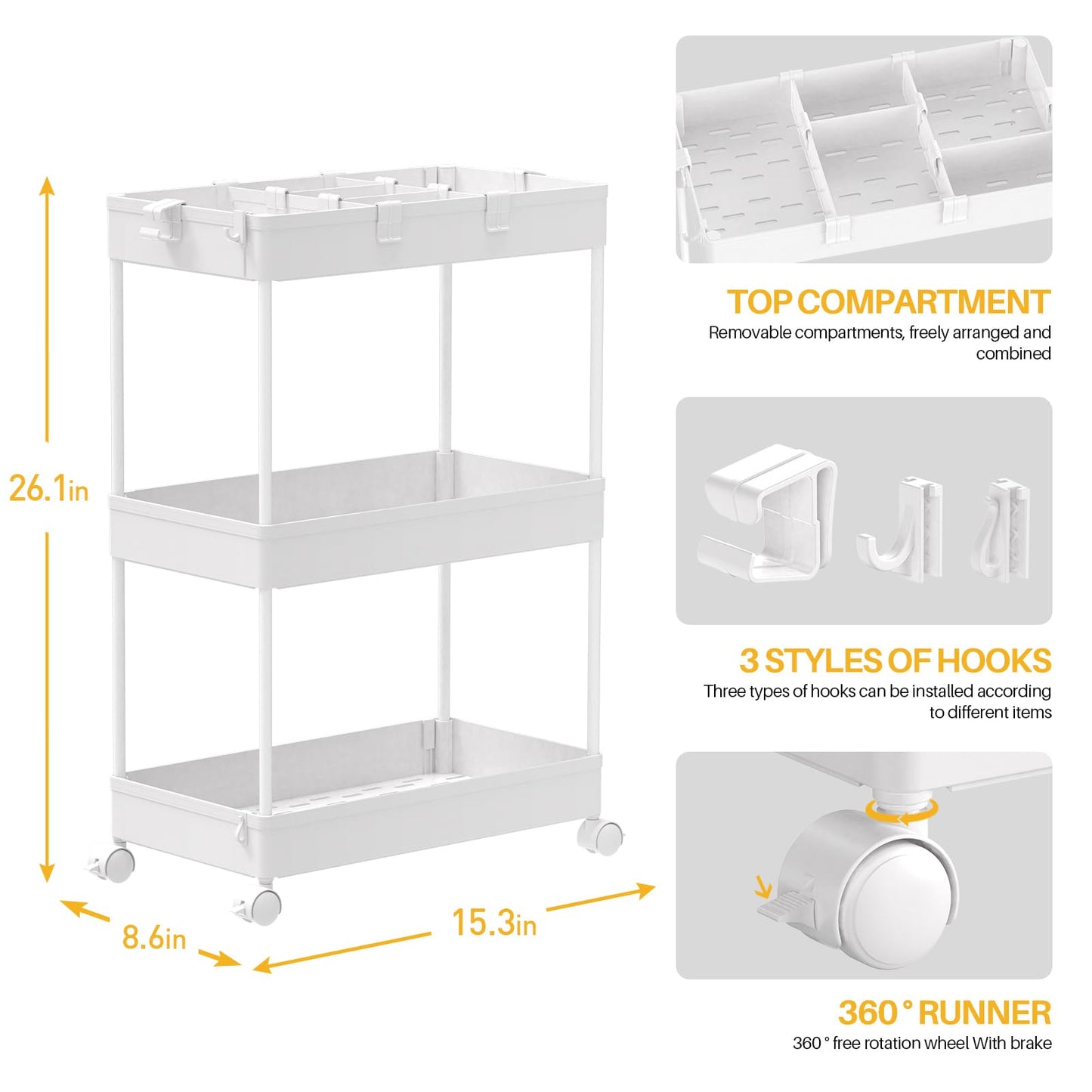 SPACELEAD 3 Tier Rolling Cart with Wheels, Storage Craft Art Trolley Organizer Serving, 3 Hanging Baskets Easy Assembly, for Office, Bathroom，Living Room, Kitchen, White