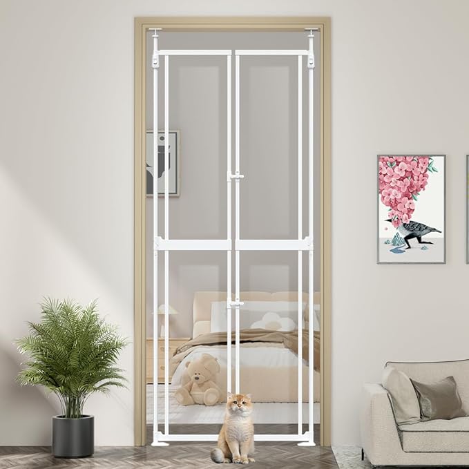 THEYFIRST 71-98" Clear Tall Cat Pet Gate, 33.5-36 in Wide Extra High Dog Gates for Doorways Acrylic Kitten Proof Full Door Barrier, Auto Close Walk Thru Puppy Pressure Mounted, Indoor White