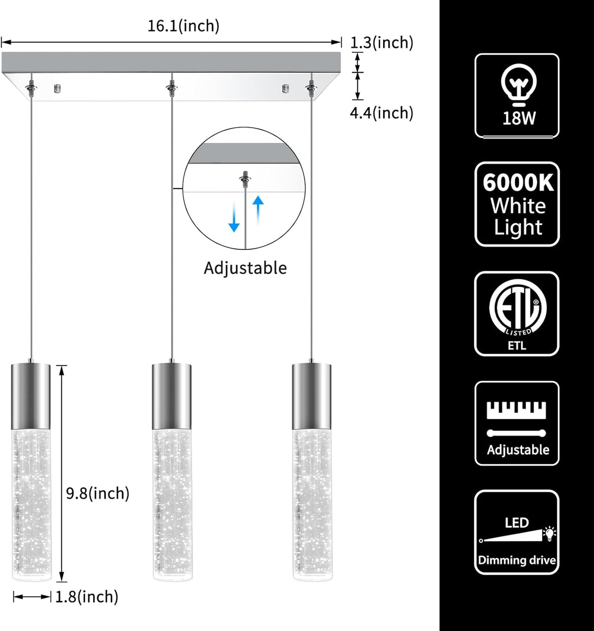 OKELI 3-Light Dimmable LED Pendant Lighting for Kitchen Island, 18W 1350LM Modern Crystal Bubble Island Light Fixture, 6000K Cool White, Adjustable Electro-Chrome Fixture, Easy Install, Square