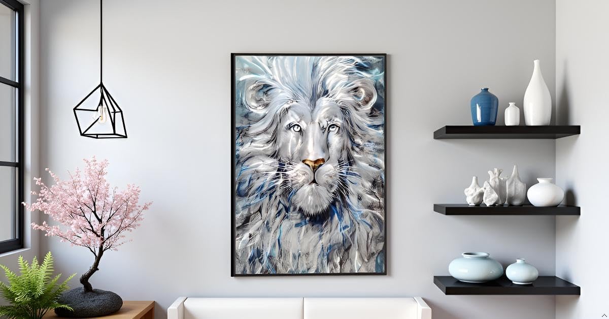 Yihui Arts Modern Blue and Silver Lion Metal Wall Art Sculpture for Home Decor