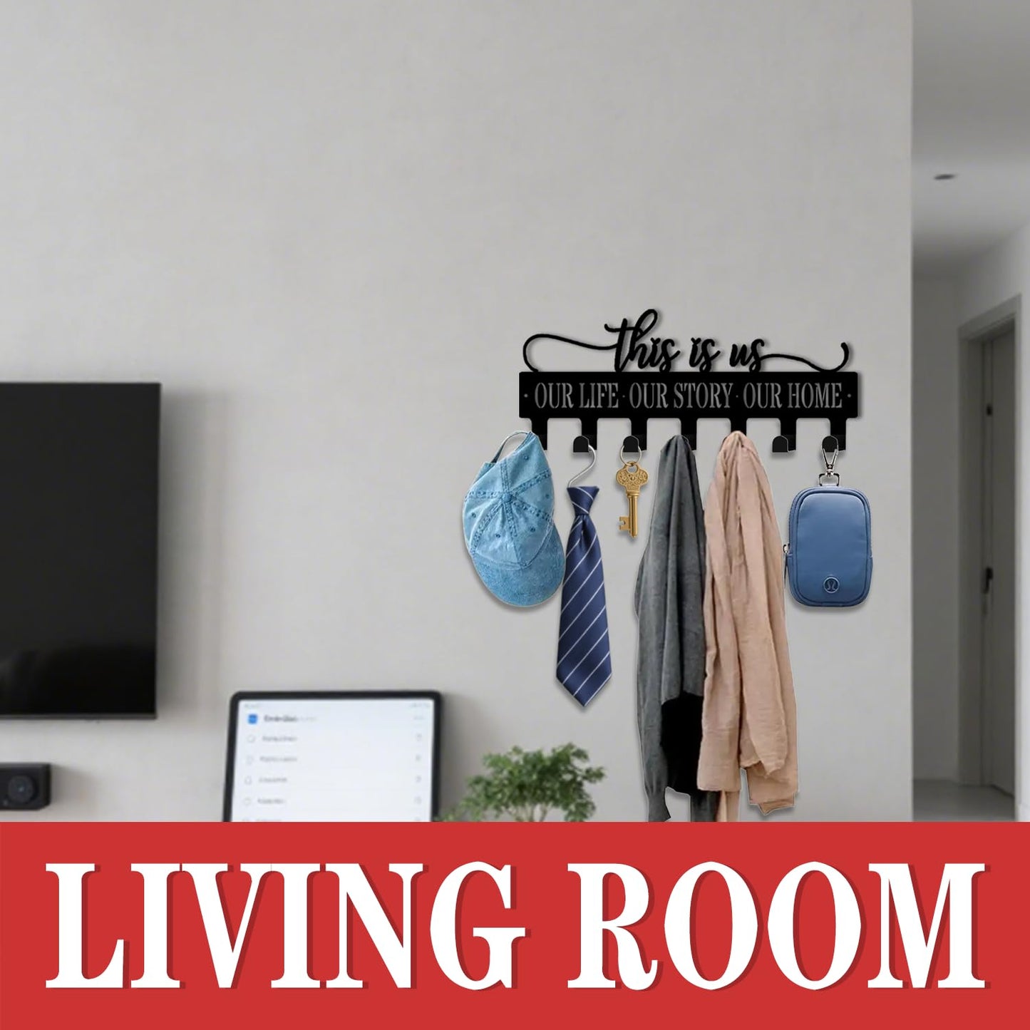 VUZUCOSH Key Holder Wall Mount, This is Us Sign, Key Holder Wall for Wall Decorative with 6 Hooks, Organizer Rack Hanger for Entryway, Front Door, Hallway, Office 9.8 inches