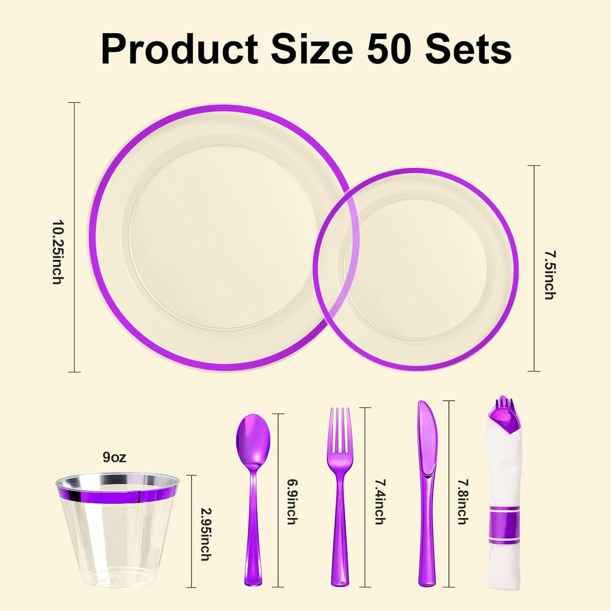 350PCS Clear and Purple Disposable Plates Set for 50 Guests, 100 Plastic Plates, 50 Plastic Cups, 50 Pre-Rolled Napkins with Cutlery for Party, Birthday, Wedding, Thanksgiving, Christmas