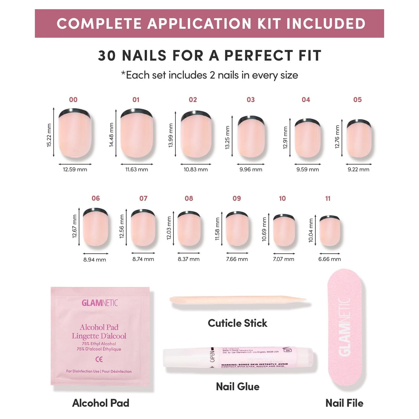 Glamnetic Press On Nails - Super Short Round Fake Nails, Black French Tip Nails, Burnt Miso | 12 Sizes - 30 Nail Kit with Glue | Gift for Mom