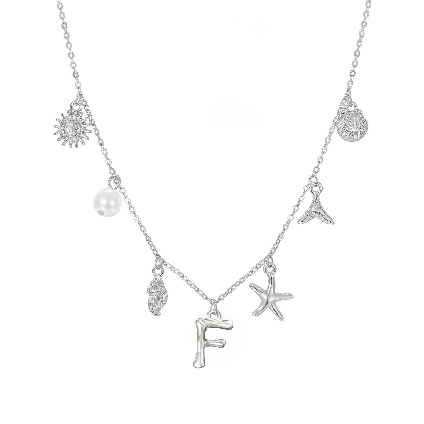 JALZEMPL Initial Charm Necklace For Women Seashell Shell Letter Boho Summer Beach Starfish 14k Gold Plated Silver Pendant Surfer Jewelry Gifts (F,Silver)