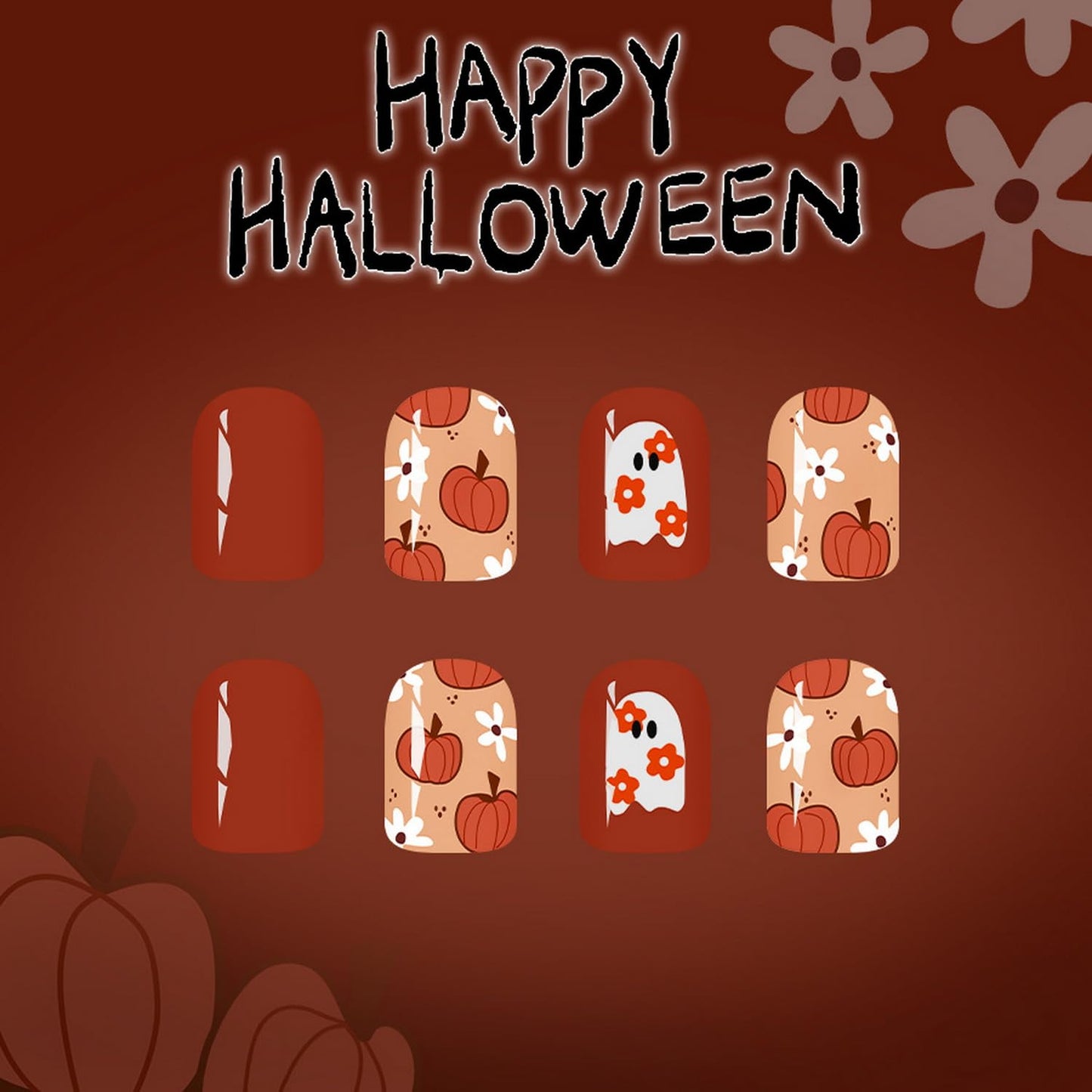 Short Halloween Press on Nails Square Fake Nails with Pumpkin Flower Ghost designs Stick on Nails Glossy Full Cover Fall False Nails Orange Glue on Nails for Women Cute Nail Decorations24pcs