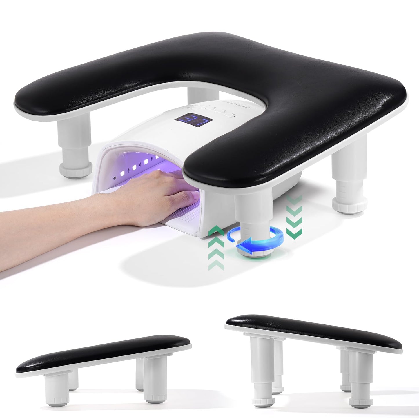 Big Arm Rest for Nails Tech: 2nd Generation U-Shaped Manicure Nail Rest Stand Height Adjustable Armrest Microfiber PU Leather Hand Rest Pillow for Acrylic Nails (Black)