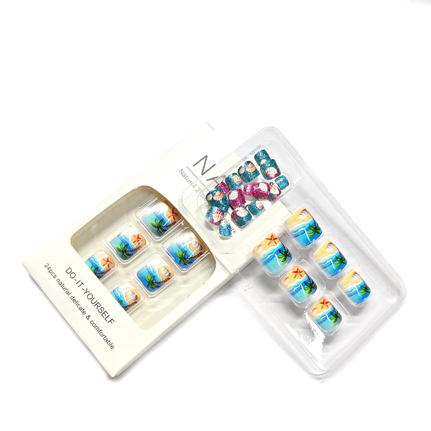 Summer Beach Press on Toenails,Short Square Fake Toenails Coconut Trees Toe Nail Press Ons with Starfish Shells Glitter Designs Full Cover Acrylic Glossy Stick on Toe Nails for Women 24Pcs