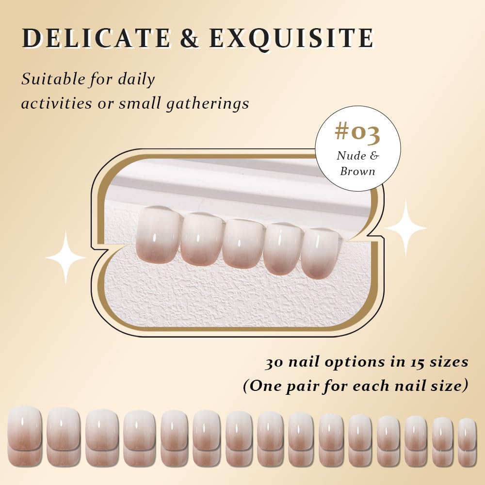evpct Coffee Cream White Ombre Press on Nails Short Square, Short Square Glossy Stick on Nails for Women Gift with Manicure Kit, Reusable Soft Stick on Acrylic Fake Nail Press ons with Ombre Designs