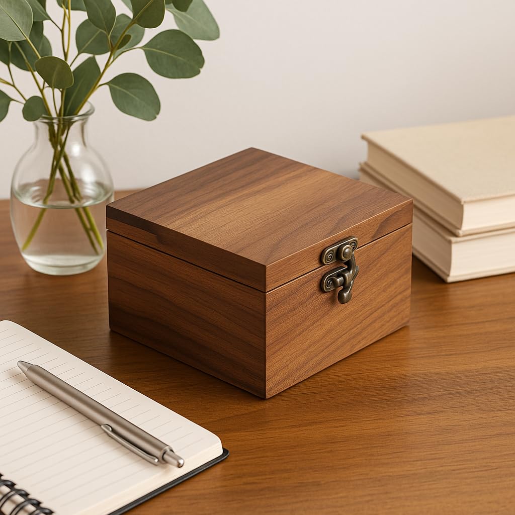 LONMAIX Handcrafted Walnut Wood Keepsake Box – 4.3 x 4.3 x 2.5 inch – Jewelry, Watch & Gift Storage Box – Rustic Wooden Box for Wedding, Birthday, Christmas