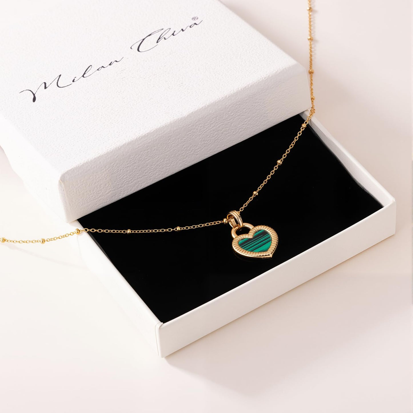 Milan Chiva Womens Heart Pendant Gold Necklace 14K Double Side Dainty Shell Statement Chain Jewelry MNS-1030WGN