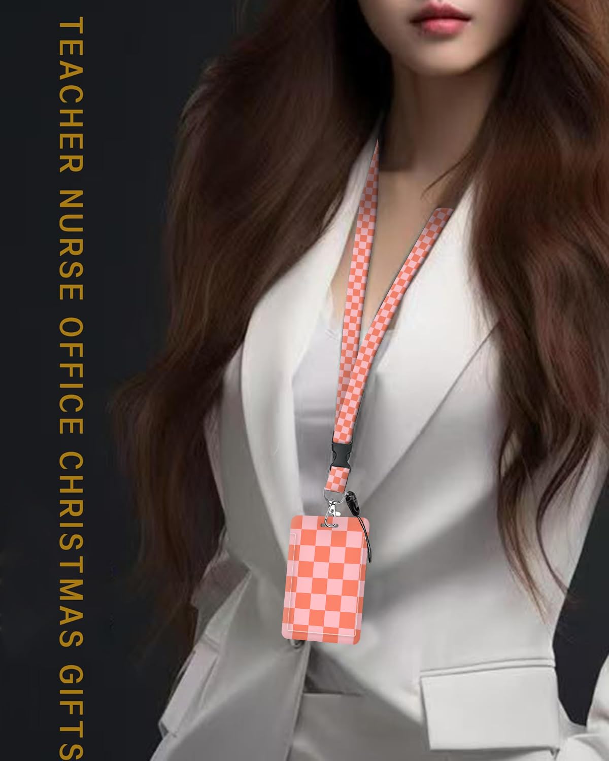 ID Badge Holder with Retractable and Detachable Lanyard, Cute Badge Reel Breakaway Lanyard with Carabiner Clip for Teachers, Nurses, Perfect Work and Office(Pink Red Checkerboard)
