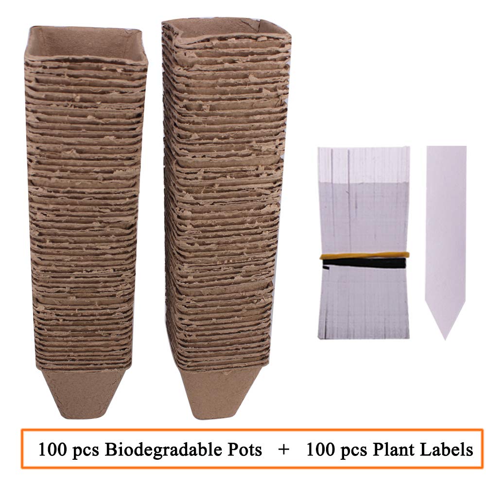 Huvai 100 Pack 3.15" Square Biodegradable Peat Pots Plant Seedling Saplings & Herb Seed Starters Kit with 100 Pcs White Plastic Plant Labels