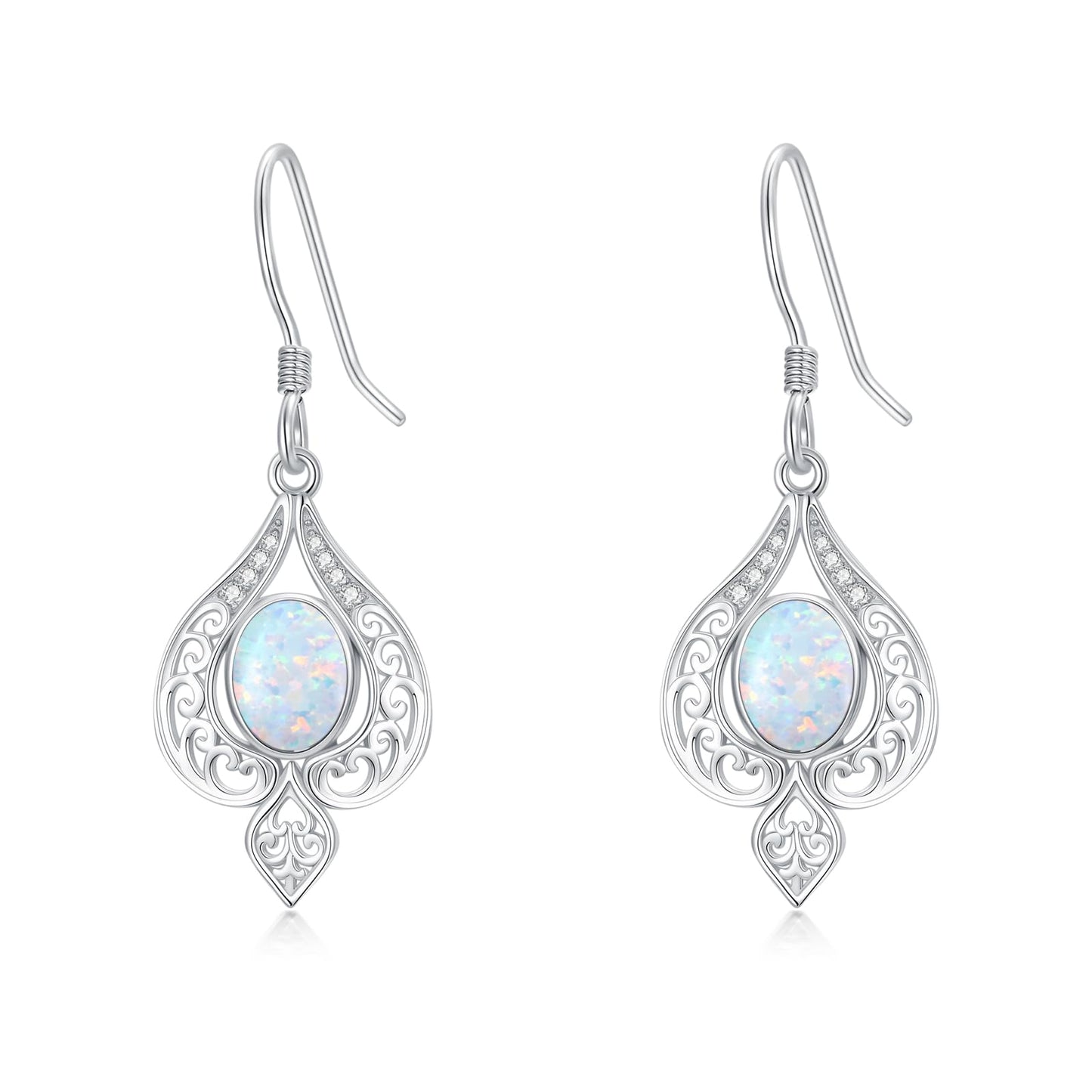 925 Sterling Silver White Opal Dangle Earrings for Women Vintage Opal Hook Earrings with Genuine Diamond for Birthday Mother's Day