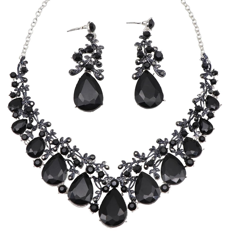 Qlavoca Vintage Crystal Teardrop Necklace Earrings Set - Gothic Statement Jewelry for Wedding Bridal Prom Party (Black Silver-Tone)