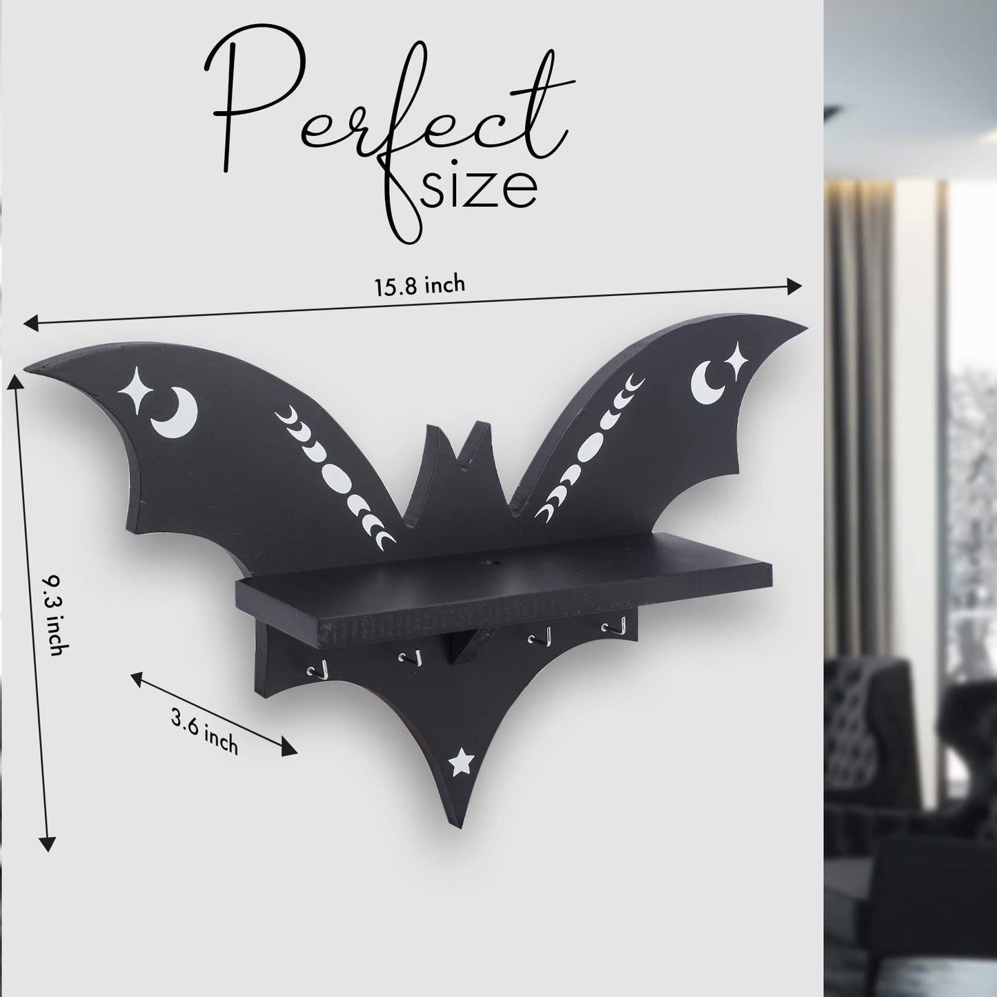 CEFLITECO Bat Shelf - Halloween Wall Decor for Kitchen and Living Room - Spooky Goth Hanging Coffin Shelf with Hooks for Oddities and Curiosities - Crystal Shelf for Display - Witchy Gifts for Women