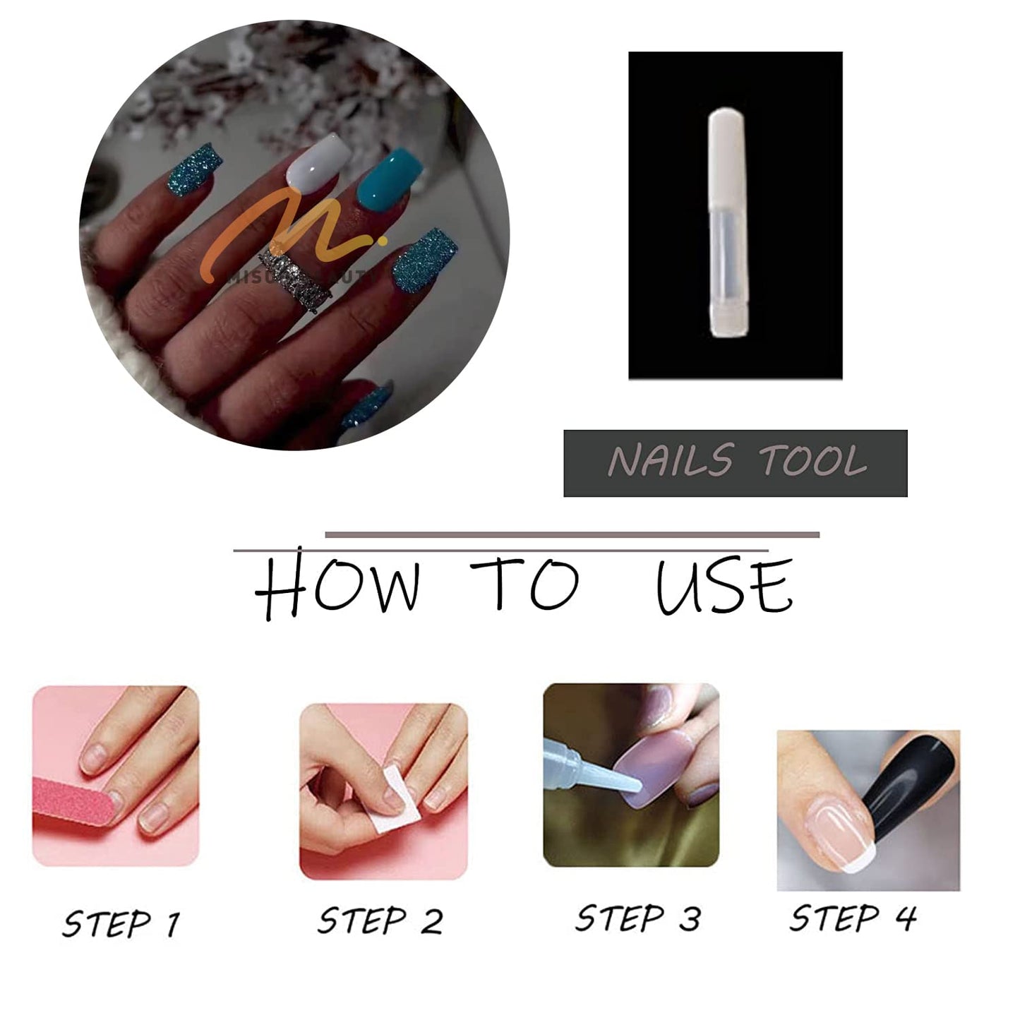 MISUD Press on Nails - Short Square Glue on Nails with Summer Blue, Acrylic Bling Glitter Design 24 pcs