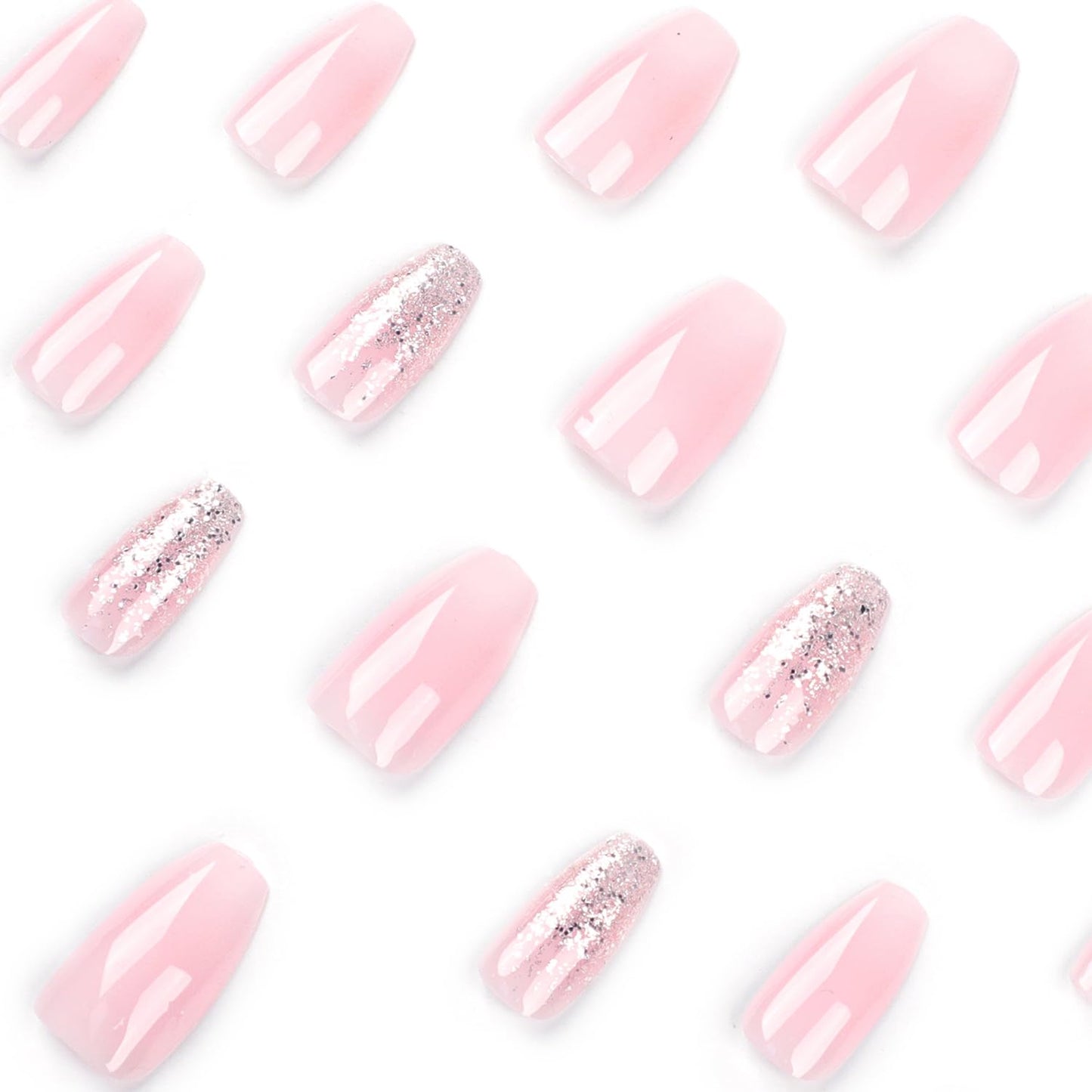 SWEKKE Medium Coffin French Fake Nails - Pink Gradient Full Cover Glossy Glue on Acrylic Artificial Nails for Women Girls - 24Pcs