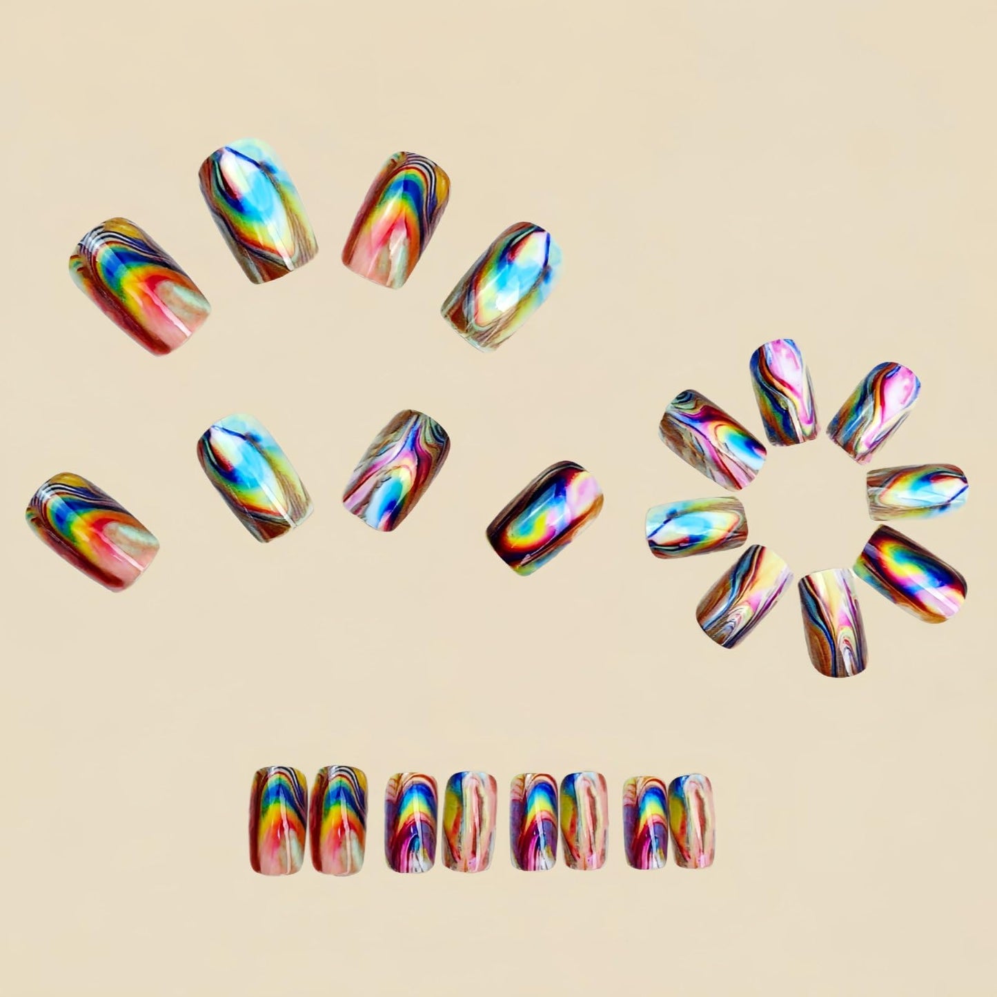 Medium Press on Nails Square Shape Fake Nails Aurora Marble False Nails Gradient Colorful Designs Spring Summer Acrylic Nails Full Cover Glossy Stick on Nail Holiday Glue on Nails for Women 24Pcs