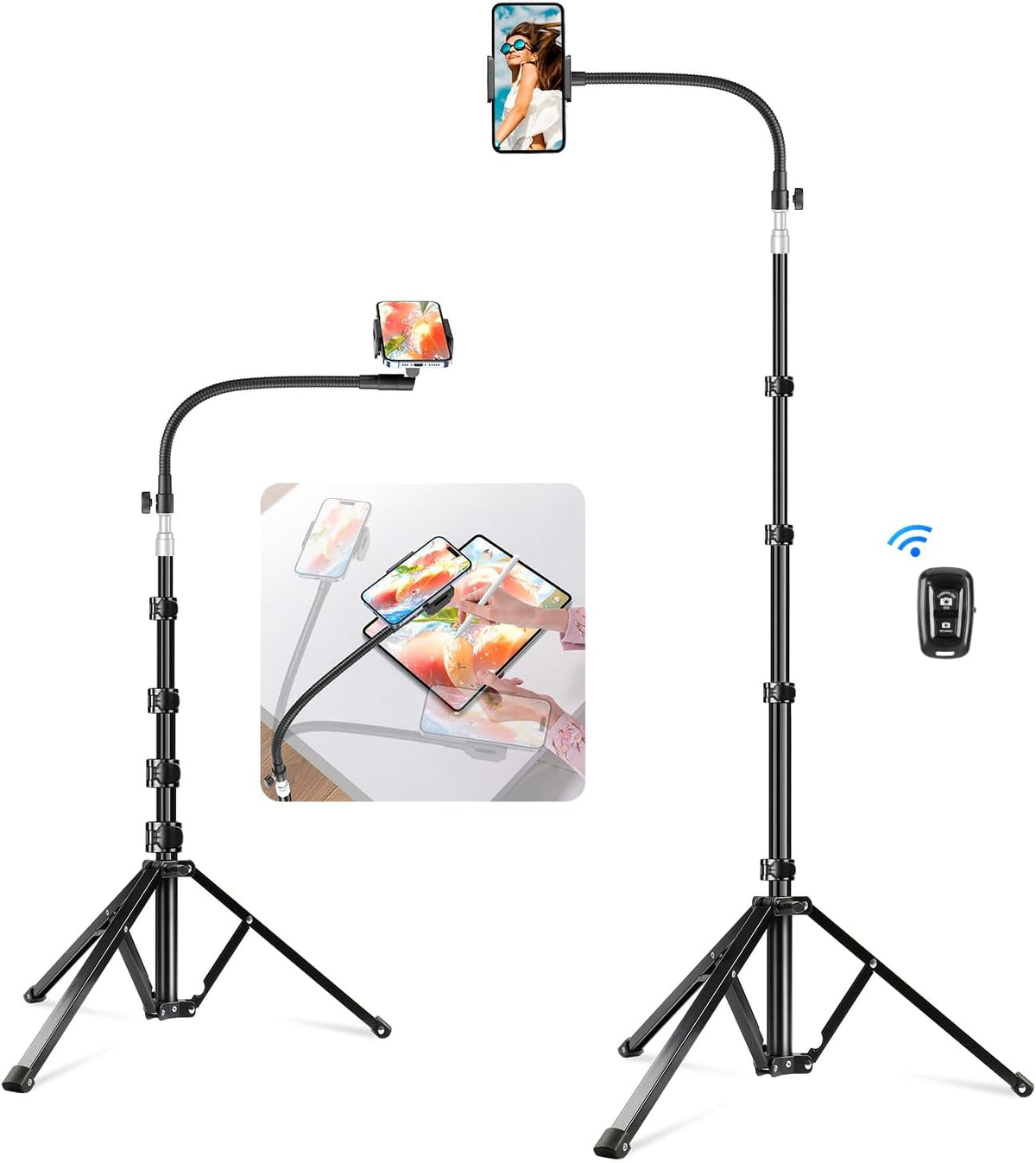 elitehood 80” Tall Phone Stand Tripod, Floor Phone Recording Stand, Heavy Duty Adjustable iPhone Tripod Stand Compatible with iPhone 15 14 13 12