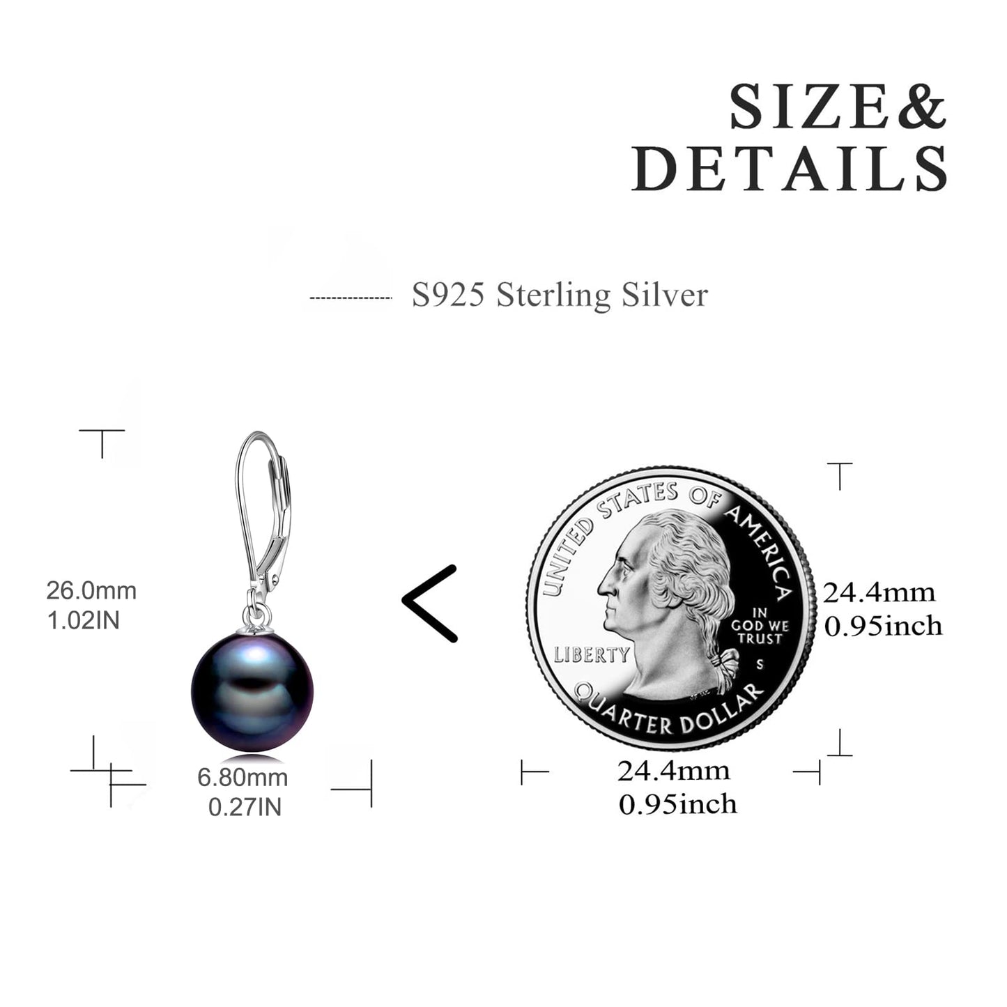 925 Sterling Silver Black Pearl Leverback Earrings Dangle Drop Jewelry for Women (Black Pearl)