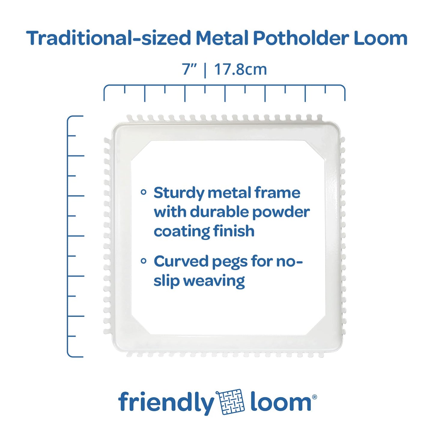Friendly Loom 7” Traditional Potholder Loom Plus Weaving Kit | Sturdy Metal Loom and Quality Cotton Weaving Loops in Rainbow Colors | Complete Kit to Weave 6 Functional Potholders | Made in the USA