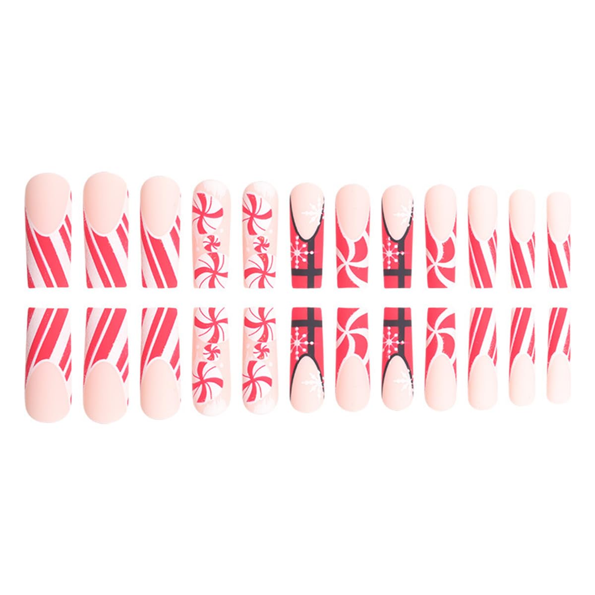 Christmas Press on Nails Long Square Fake Nails French False Nails with Designs Candy Cane Glitter Snowflake Glue on Nail Full Cover Acrylic Nails Winter Xmas Stick on Nail for Women 24Pcs