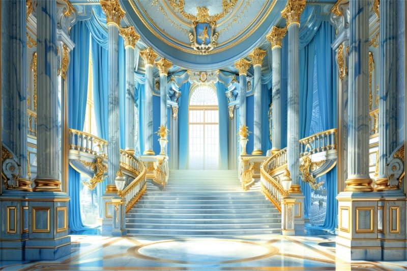 Renaiss Fabric Blue Palace Backdrop Luxury Golden Hall Castle Interior Staircase Masquerade Party Scene Wedding Bridal Shower Background Photo Booth Studio Props 6x4ft - color: XH002, size: 6Wx4H FT
