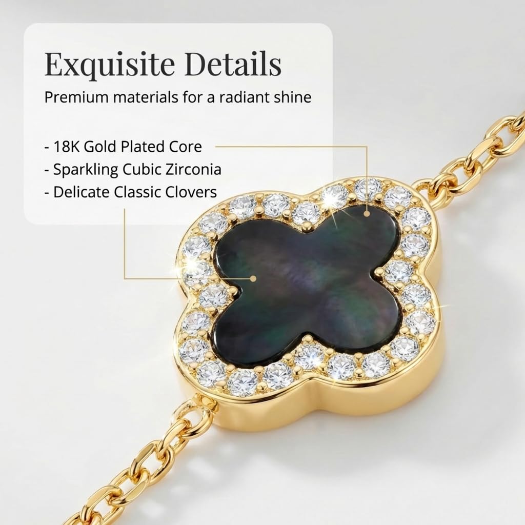 SHINYY Four Leaf Clover Bracelet for Women | 18K Gold Plated Cubic Zirconia Link Bracelet | 4 Leaf Lucky Jewelry Gift for Her (Black Gold)