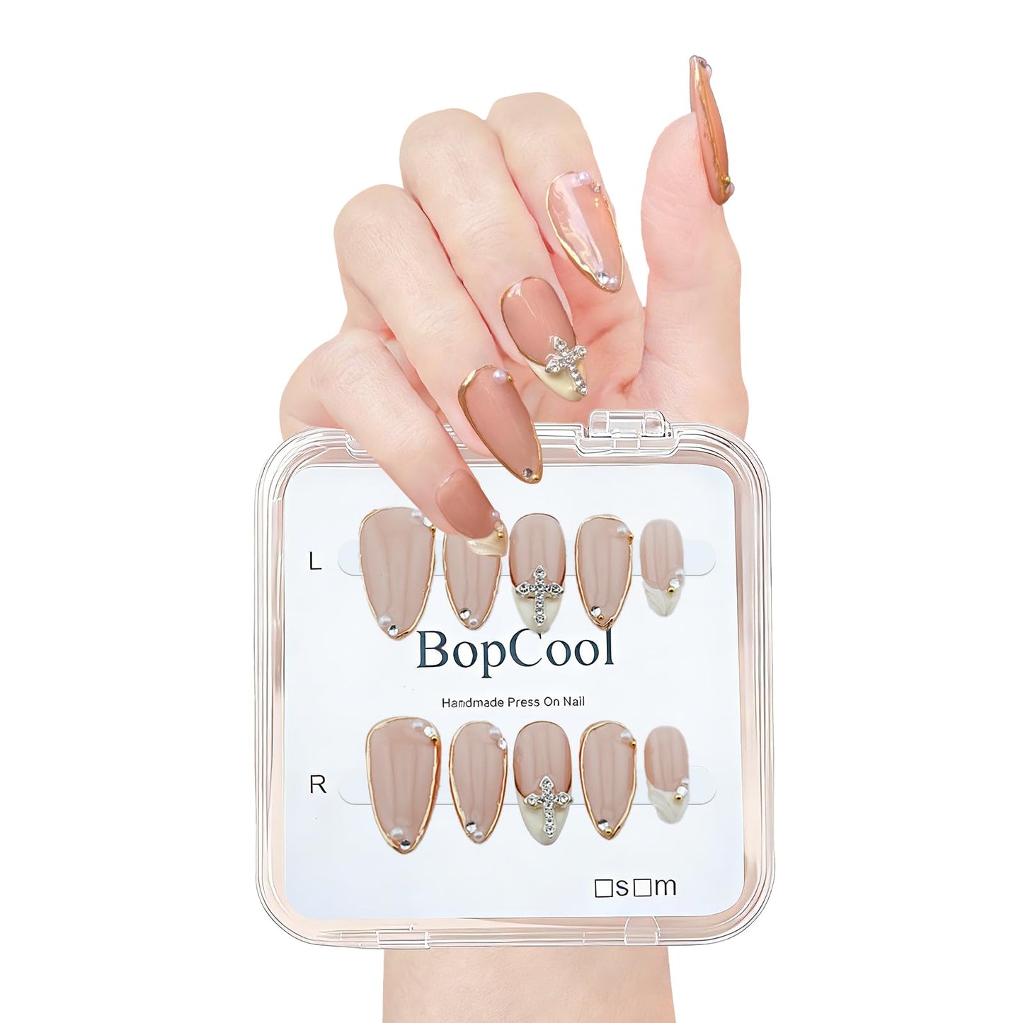 Luxury Handmade false nails，3D Gold French Cross Press-On Nails – Medium Almond Shape False Nails with Rhinestone Embellishments, Elegant Reusable Stick-On Nails(10PCS-S)
